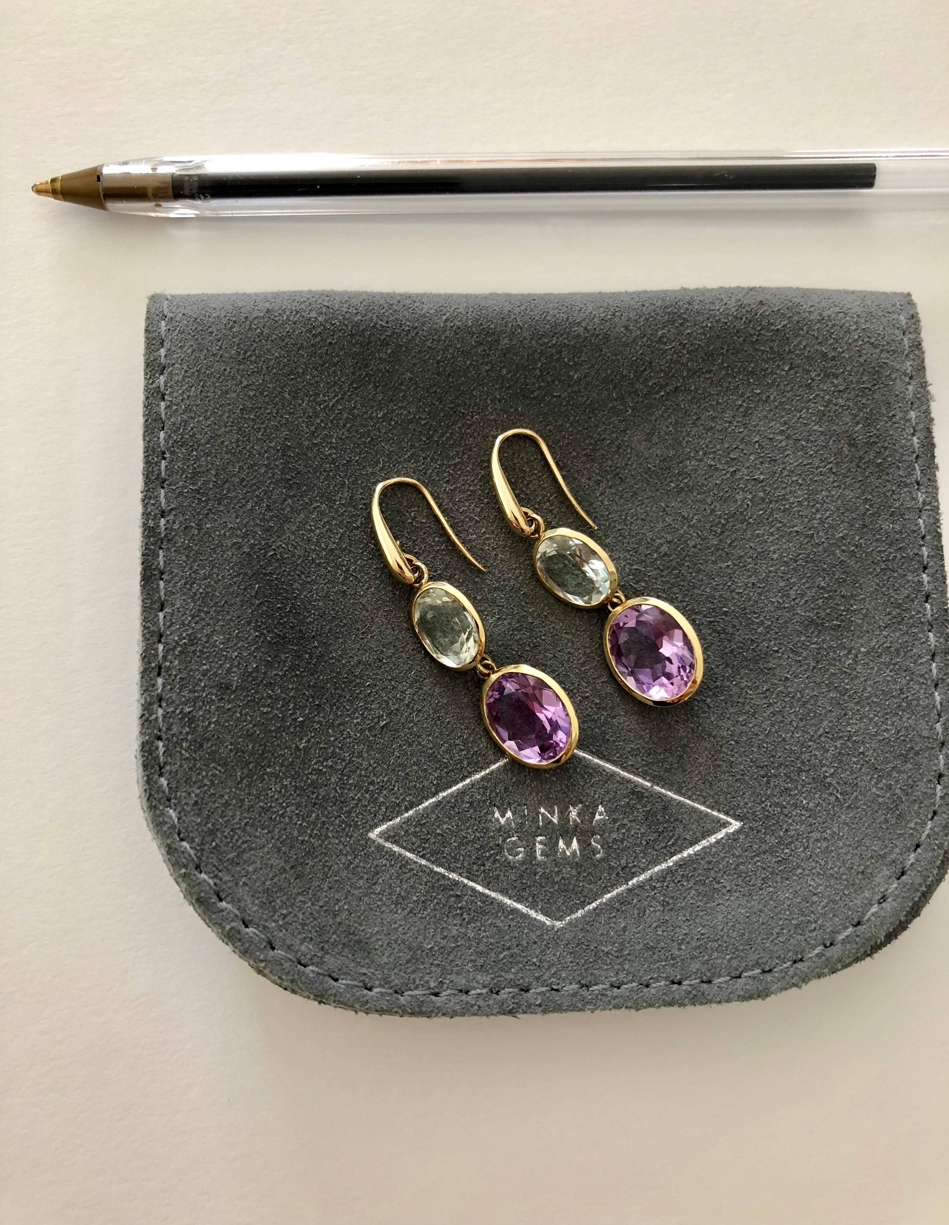 Contemporary Yellow Gold Purple and Green Amethyst Double Drop Earrings 