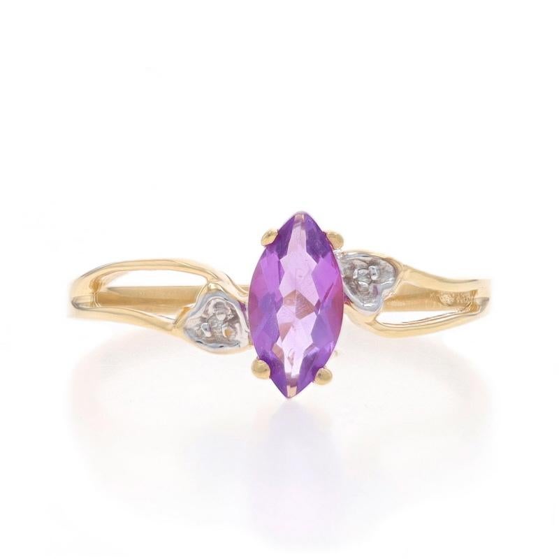 Size: 6
Sizing Fee: Up 3 sizes for $20 or Down 1 size for $20

Metal Content: 10k Yellow Gold & 10k White Gold

Stone Information

Natural Amethyst
Carat(s): .48ct
Cut: Marquise
Color: Purple

Natural Diamonds
Cut: Single
Stone Note: (two small