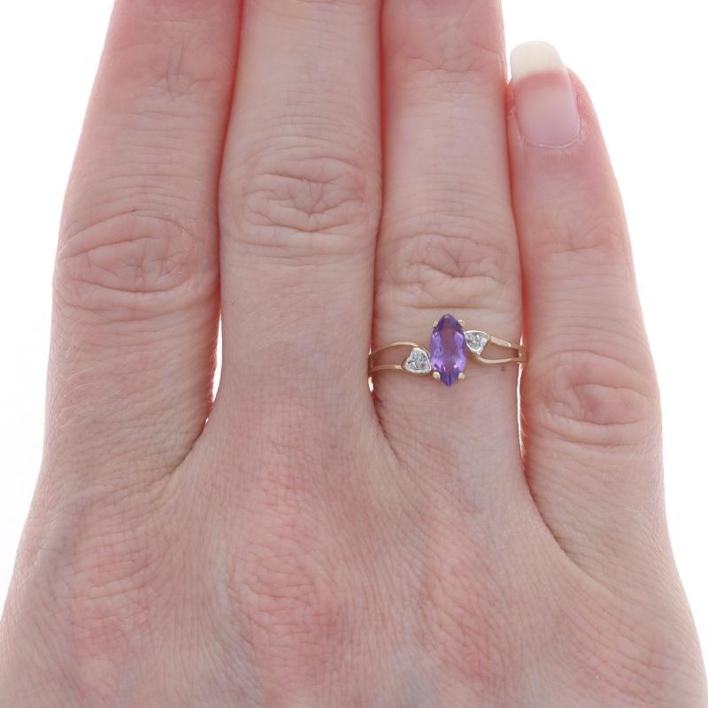 Marquise Cut Yellow Gold Amethyst Diamond Bypass Ring - 10k Marquise .48ct Hearts For Sale