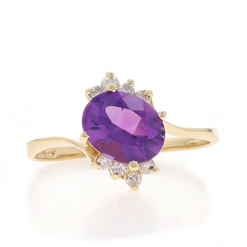 Size: 9
Sizing Fee: Up 3 sizes for $30 or Down 2 sizes for $30

Metal Content: 10k Yellow Gold

Stone Information

Natural Amethyst
Carat(s): 1.75ct
Cut: Oval
Color: Purple

Natural Diamonds
Carat(s): .20ctw
Cut: Round Brilliant
Color: H -