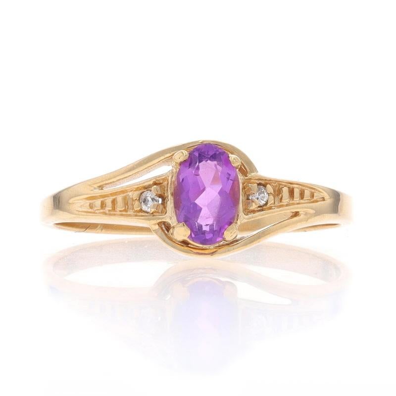 Size: 7
Sizing Fee: Up 2 1/2 sizes for $30 or Down 1 1/2 sizes for $30

Metal Content: 10k Yellow Gold

Stone Information

Natural Amethyst
Carat(s): 0.4
Cut: Oval

Natural Diamonds
Carat(s): 2 small
Cut: Round Brilliant

Total Carats: