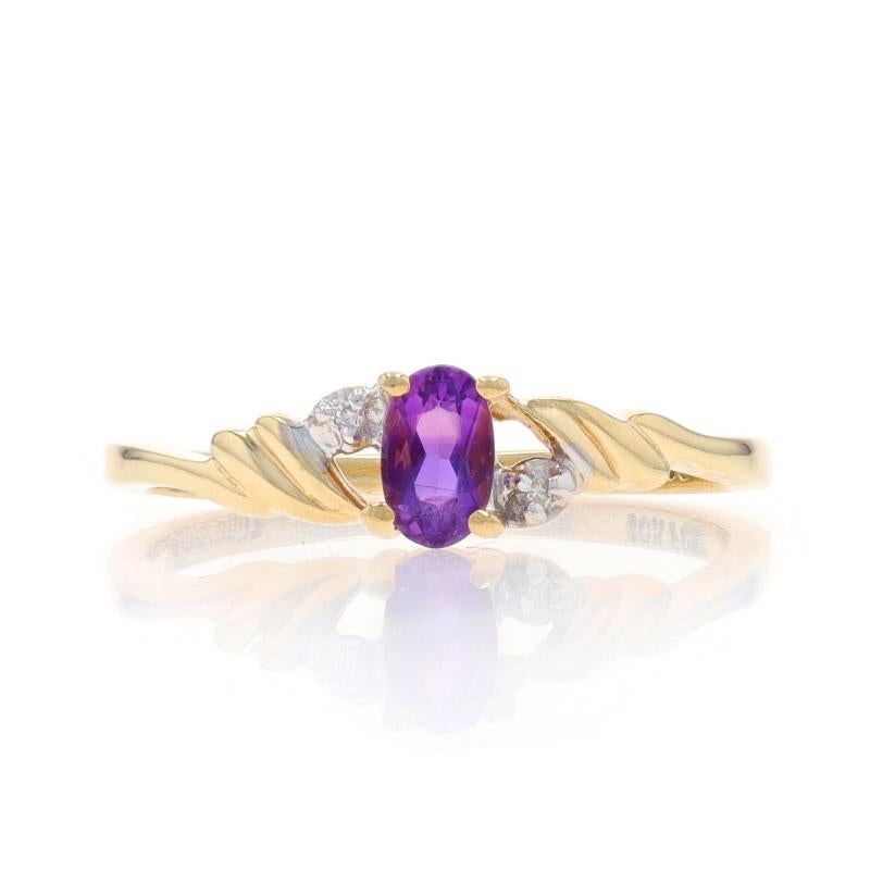 Size: 6 1/2
Sizing Fee: Up 3 sizes for $30 or Down 2 sizes for $30

Metal Content: 10k Yellow Gold & 10k White Gold

Stone Information

Natural Amethyst
Carat(s): .23ct
Cut: Oval
Color: Purple

Natural Diamonds
Cut: Single
Stone Note: (two small