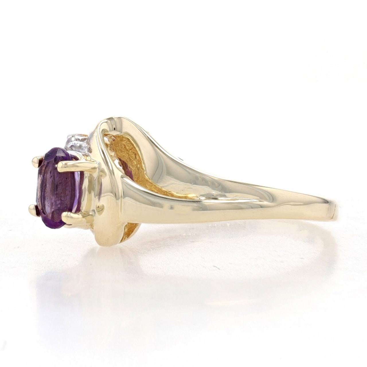 Yellow Gold Amethyst & Diamond Bypass Ring 10k Oval .45ct

Stone Information:
Natural Amethyst
Carat(s): .45ct
Cut: Oval
Color: Purple

Natural Diamond
Cut: Single
Stone Note: (one small accent)

Total Carats: .45ct

Additional
