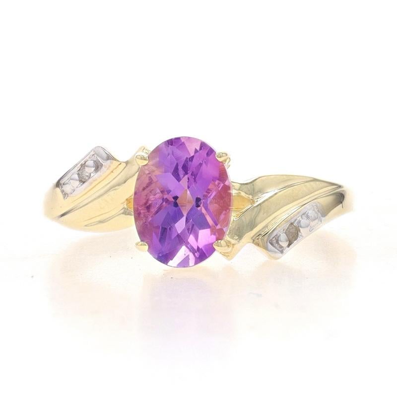 Size: 7 1/4
Sizing Fee: Up 3 sizes for $30 or Down 2 1/2 sizes for $25

Metal Content: 10k Yellow Gold & 10k White Gold

Stone Information

Natural Amethyst
Carat(s): 1.25ct
Cut: Oval Checkerboard
Color: Purple

Natural Diamonds
Cut: Single
Stone