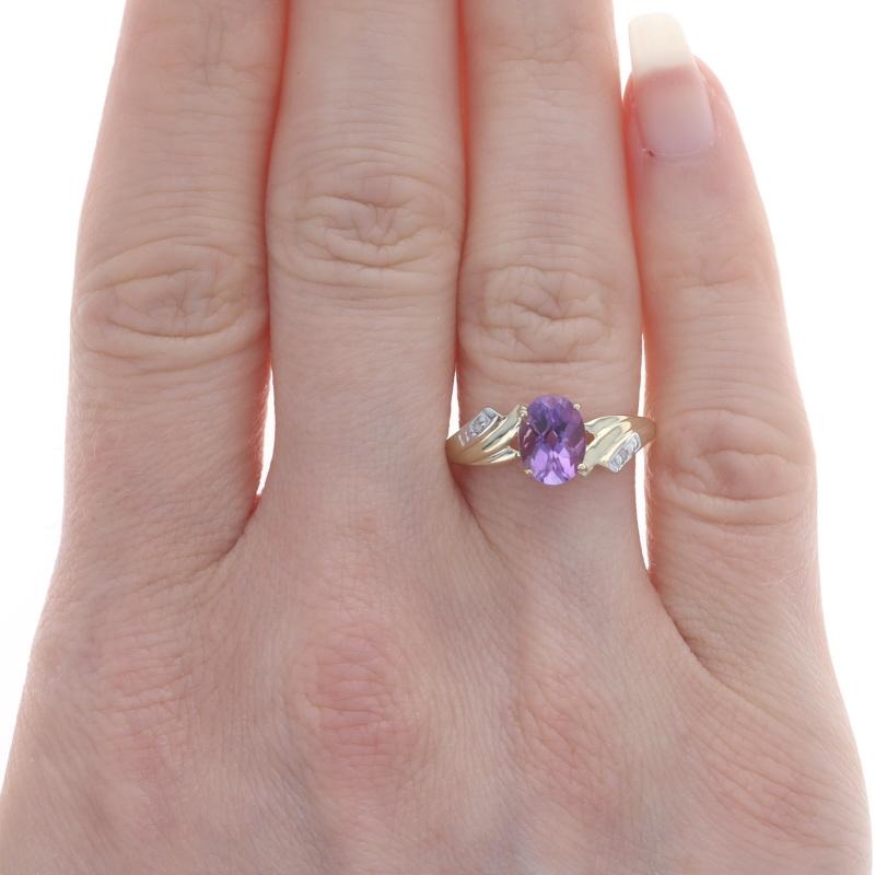 Oval Cut Yellow Gold Amethyst & Diamond Bypass Ring - 10k Oval Checkerboard 1.25ct For Sale