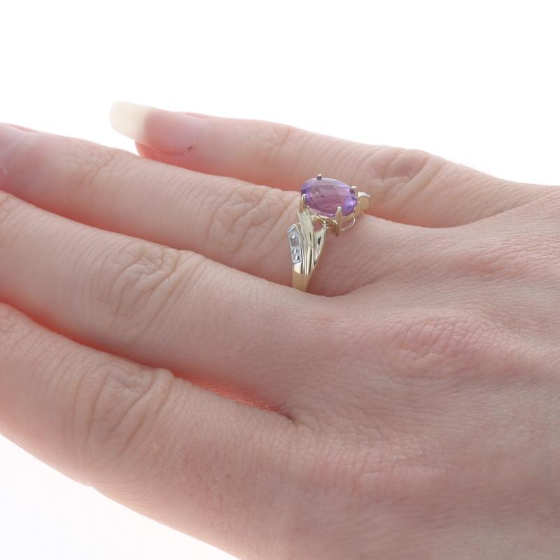 Women's Yellow Gold Amethyst & Diamond Bypass Ring - 10k Oval Checkerboard 1.25ct For Sale