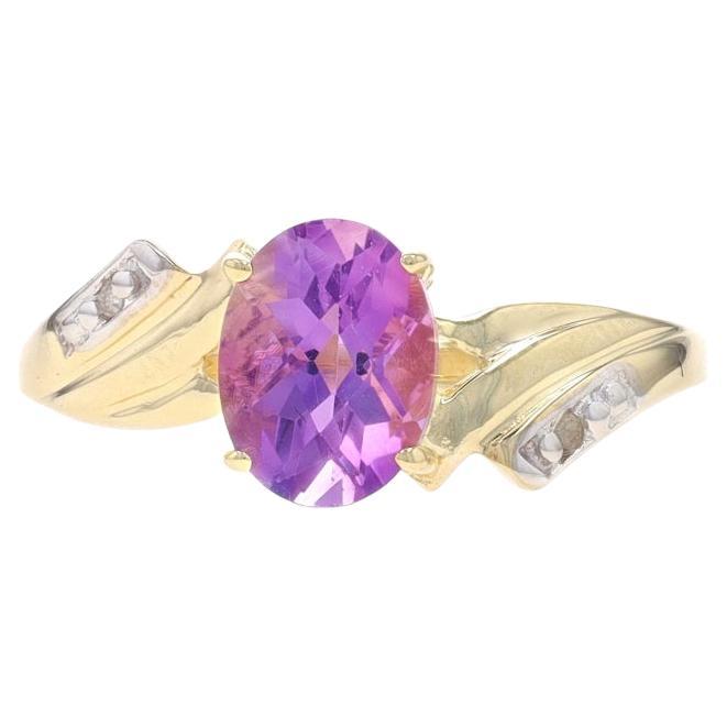 Yellow Gold Amethyst & Diamond Bypass Ring - 10k Oval Checkerboard 1.25ct For Sale
