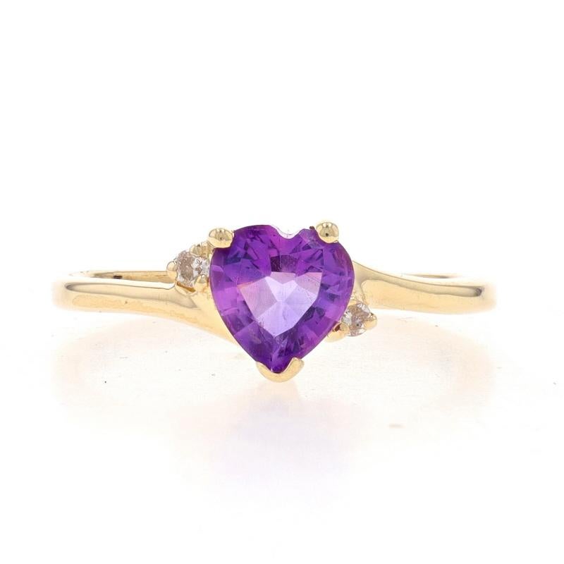 Size: 6 1/2
Sizing Fee: Up 2 sizes for $35 or Down 2 sizes for $30

Metal Content: 14k Yellow Gold

Stone Information
Natural Amethyst
Carat(s): .70ct
Cut: Heart
Color: Purple

Natural Diamonds
Carat(s): .03ctw
Cut: Round Brilliant
Color: I -
