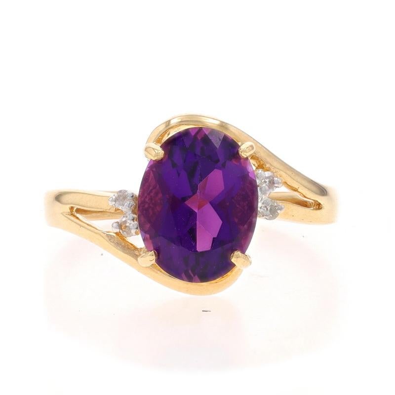 Size: 6
Sizing Fee: Up 3 sizes for $30 or Down 1 1/2 sizes for $30

Metal Content: 14k Yellow Gold & 14k White Gold

Stone Information

Natural Amethyst
Carat(s): 1.75ct
Cut: Oval
Color: Purple

Natural Diamonds
Carat(s): .02ctw
Cut: Single
Color: H