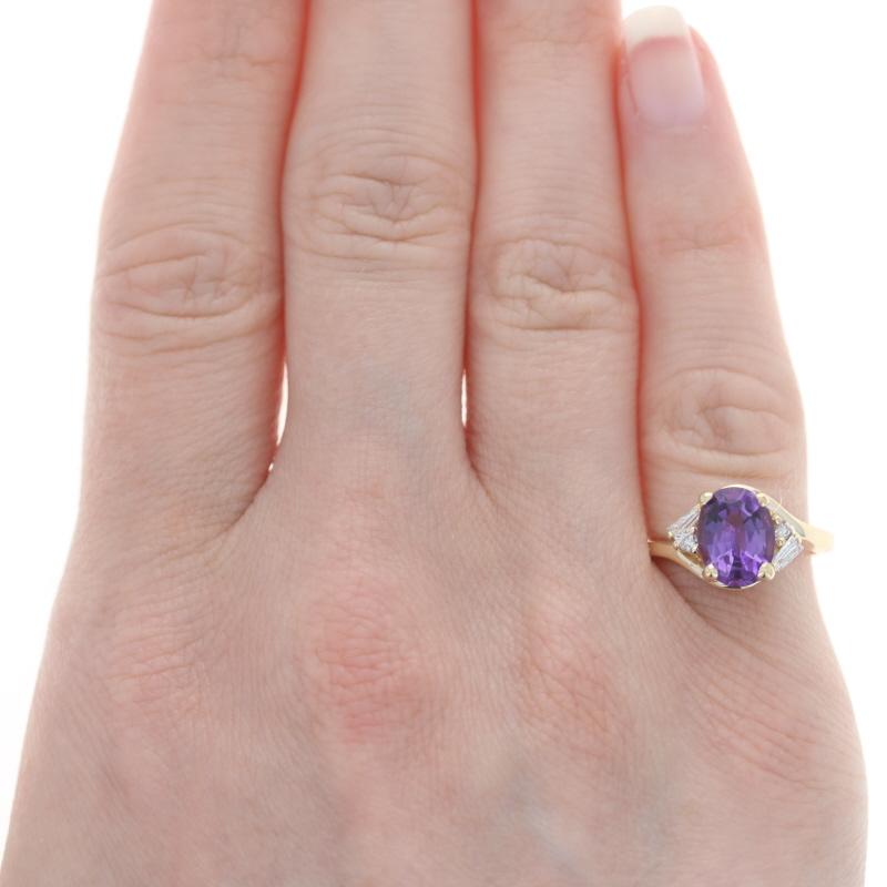 Size: 5 1/2
Sizing Fee: Down 1 size for $30 & up 2 sizes for $35

Metal Content: 14k Yellow Gold

Stone Information
Natural Amethyst
Carat(s): 1.75ct
Cut: Oval
Color: Purple

Natural Diamonds
Carat(s): .17ctw
Cut: Round Brilliant & Baguette
Color: H