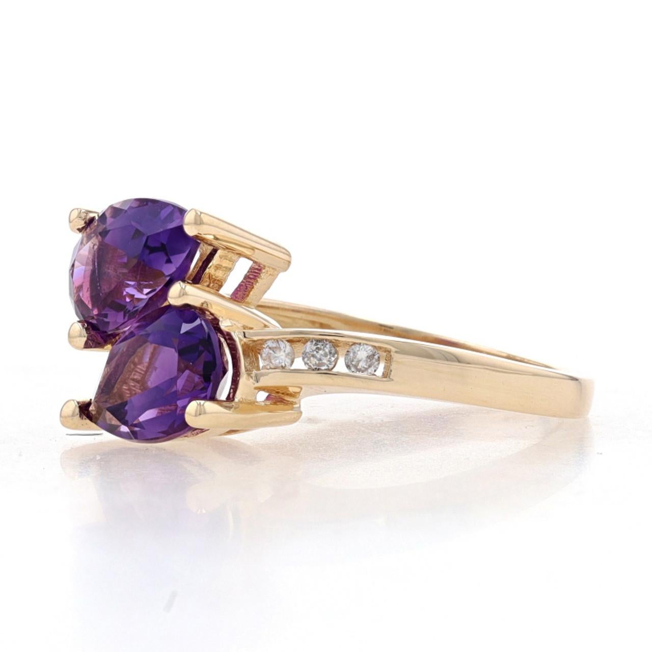 Pear Cut Yellow Gold Amethyst & Diamond Bypass Ring 14k Pear 2.59ctw Leaves Two-Stone