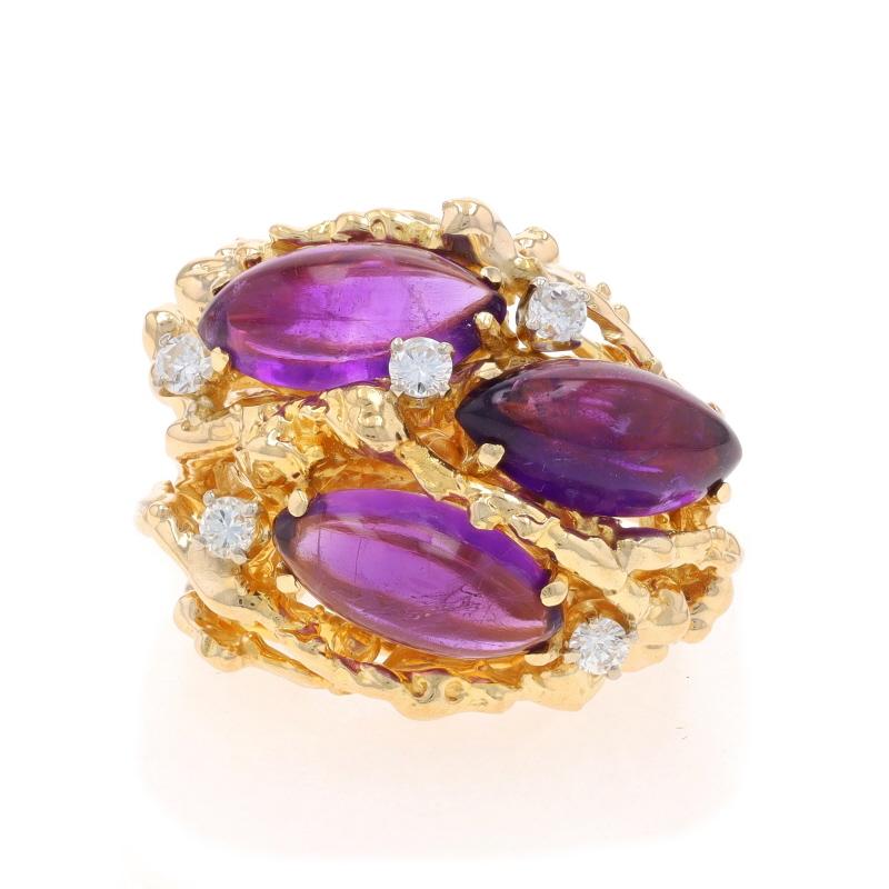 Size: 6
Sizing Fee: Up 1 1/2 sizes for $60 or Down 1 size for $40

Metal Content: 14k Yellow Gold & 14k White Gold

Stone Information

Natural Amethysts
Carat(s): 4.21ctw
Cut: Marquise Cabochon
Color: Purple

Natural Diamonds
Carat(s): .25ctw
Cut: