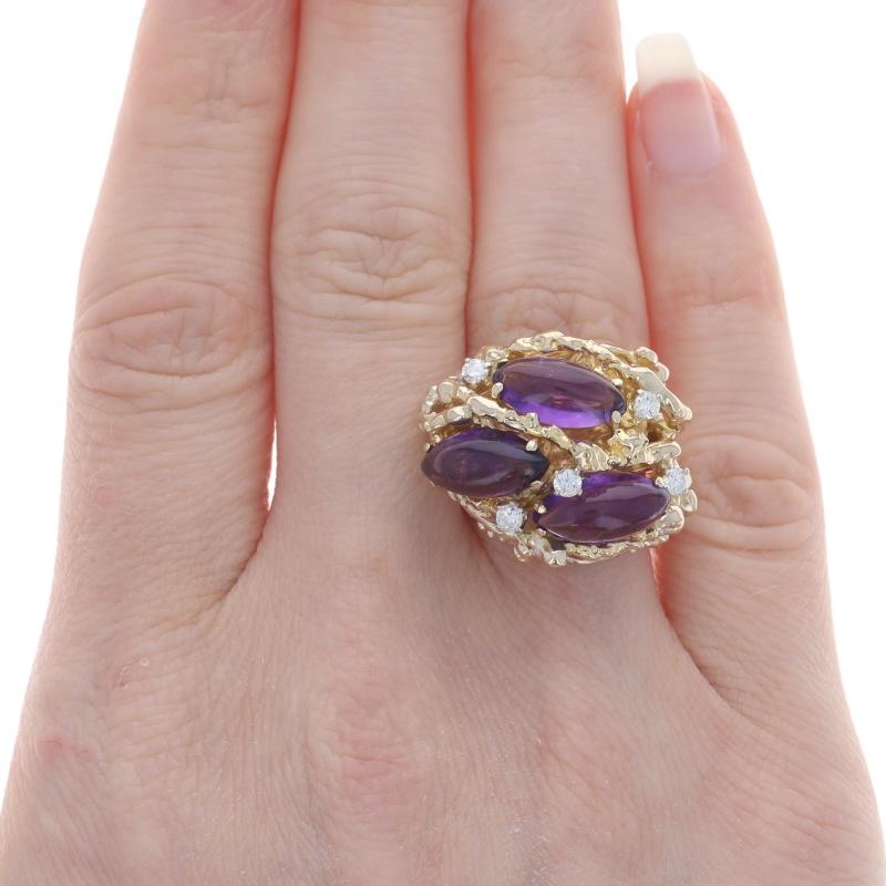 Marquise Cut Yellow Gold Amethyst Diamond Cluster Cocktail Ring - 14k Marquise Cab 4.46ctw For Sale