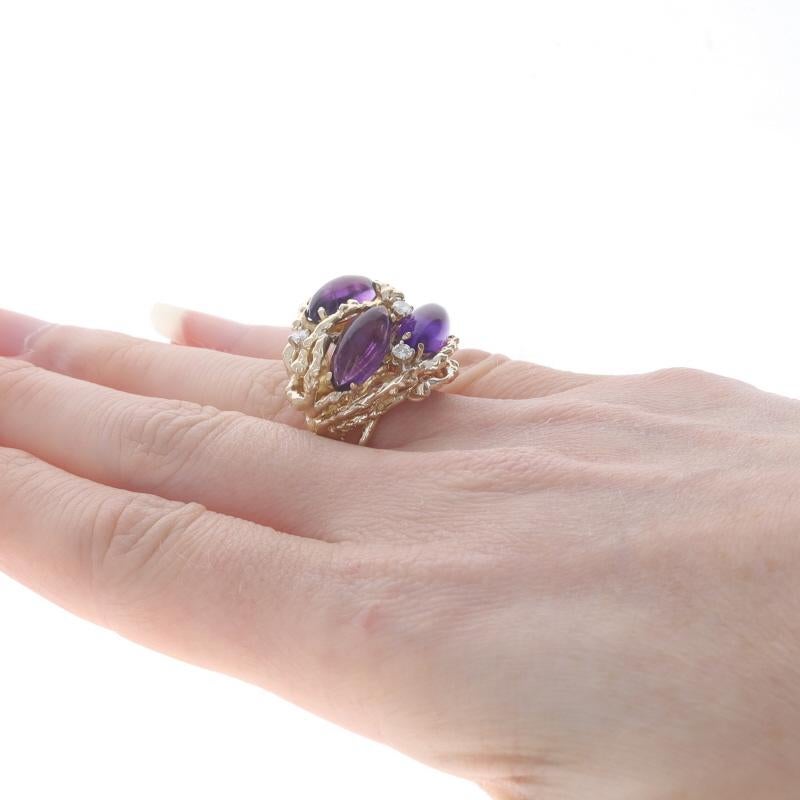 Women's Yellow Gold Amethyst Diamond Cluster Cocktail Ring - 14k Marquise Cab 4.46ctw For Sale