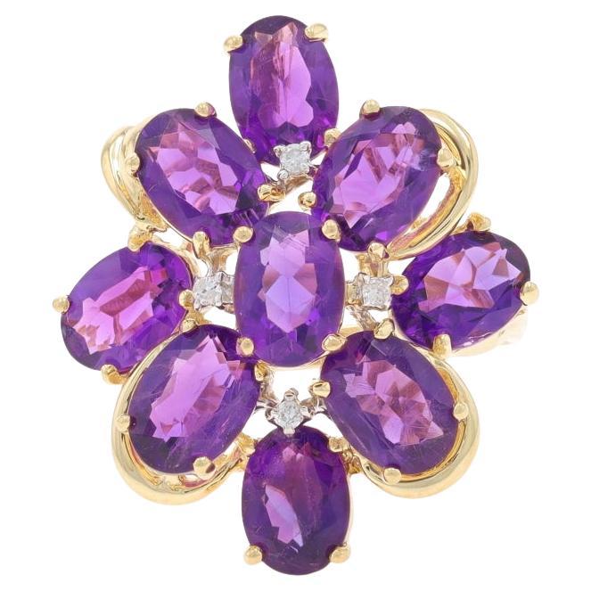 Yellow Gold Amethyst Diamond Cluster Cocktail Ring - 14k Oval 7.69ctw Floral