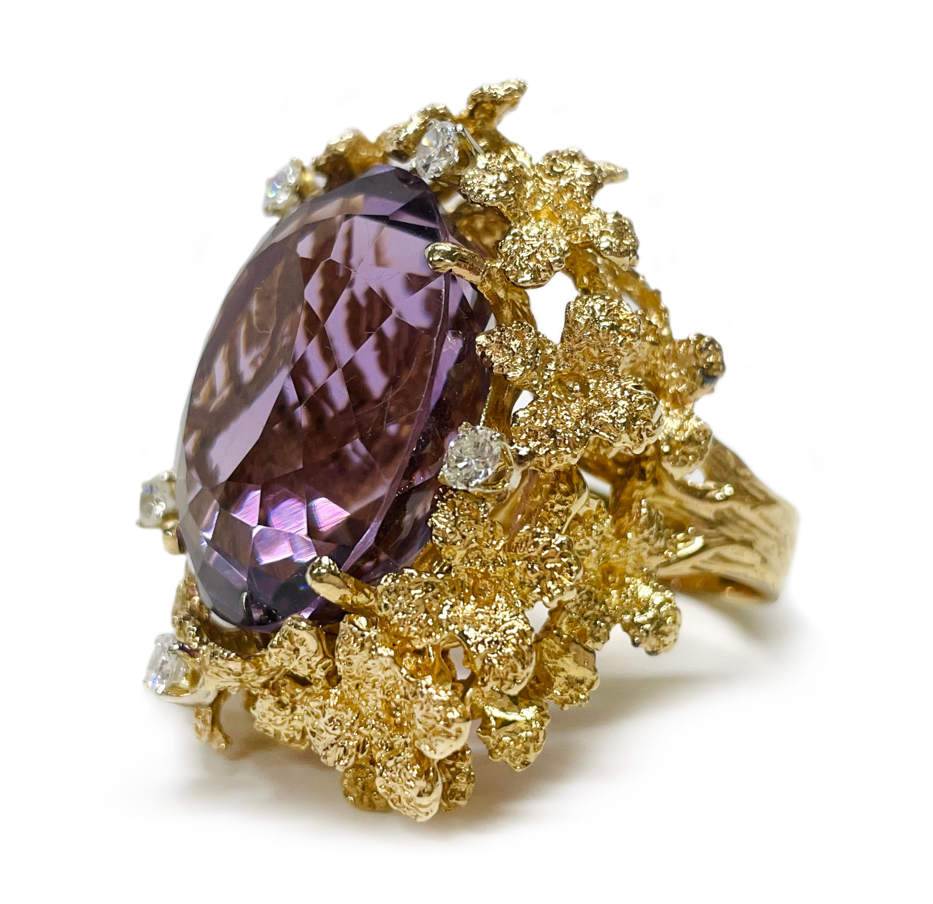 Retro Yellow Gold Amethyst Diamond Cocktail Ring For Sale