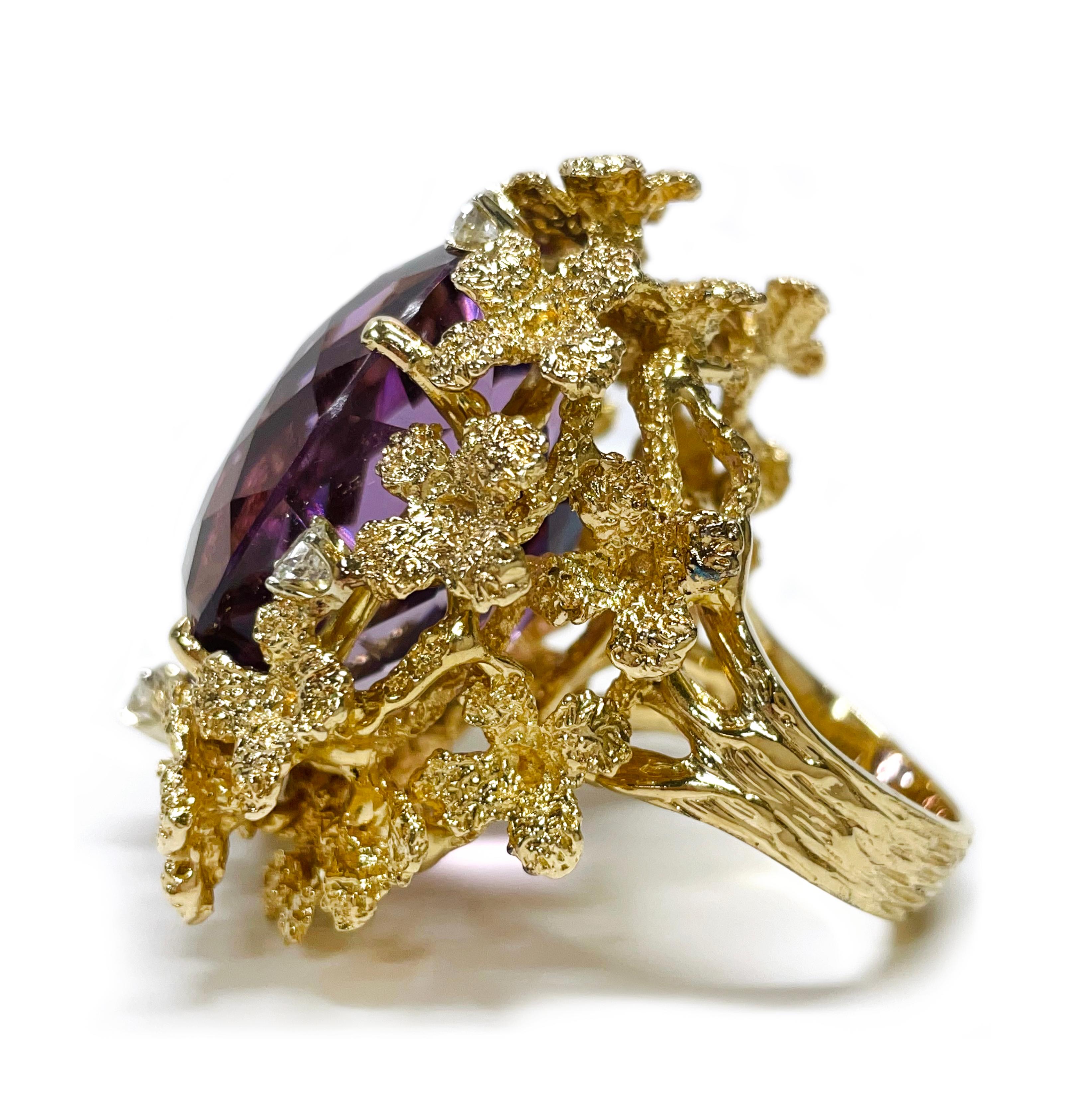 Oval Cut Yellow Gold Amethyst Diamond Cocktail Ring For Sale