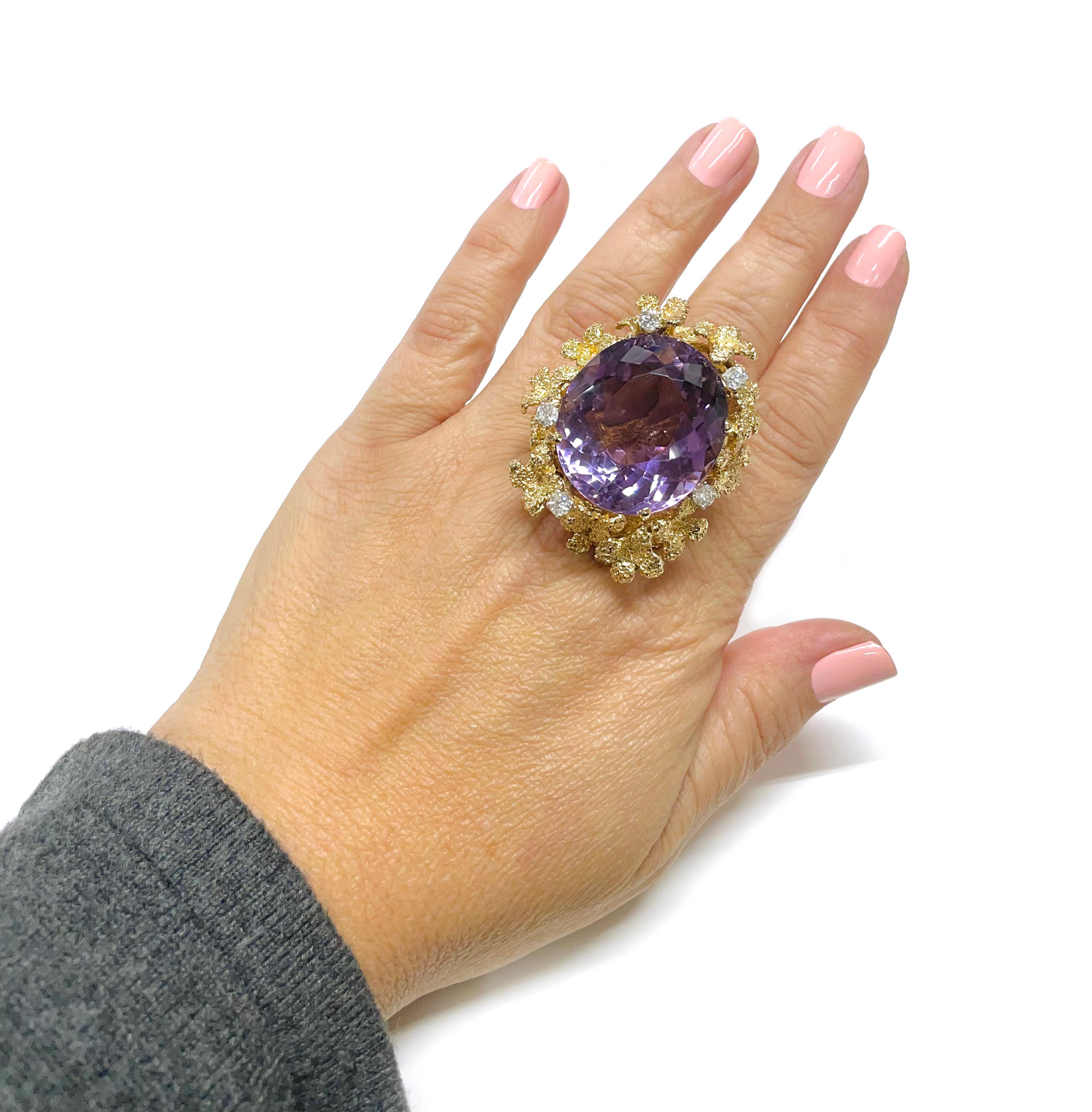Women's or Men's Yellow Gold Amethyst Diamond Cocktail Ring For Sale