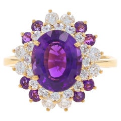 Yellow Gold Amethyst & Diamond Double Halo Ring - 18k Oval 4.72ctw Floral