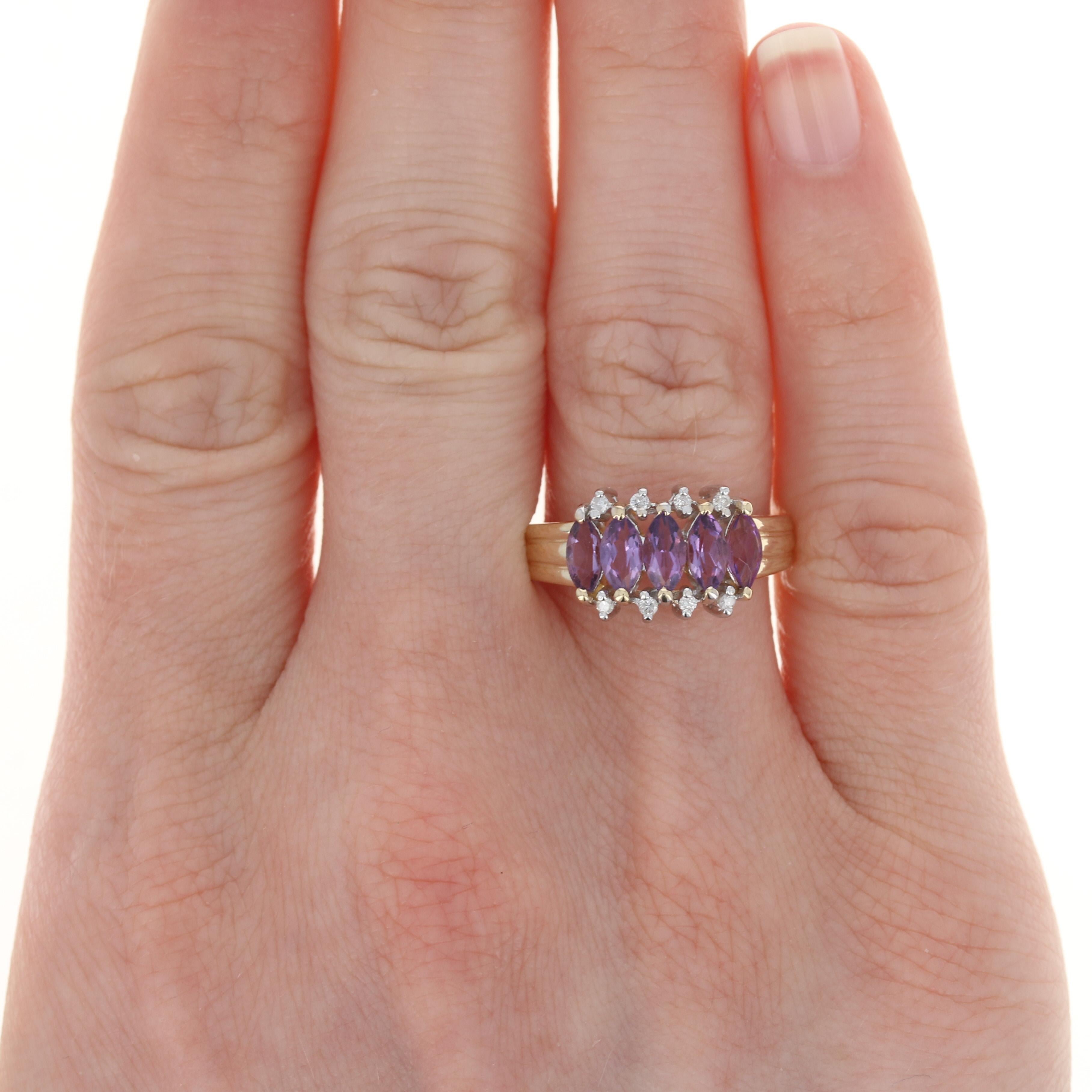Size: 8
 Sizing Fee: Up 2 sizes for $25 or down 2 sizes for $20
 
 Metal Content: 14k Yellow Gold & 14k White Gold 
 
 Stone Information: 
 Genuine Amethysts 
 Carats: 1.00ctw
 Cut: Marquise
 Color: Purple
 
 Natural Diamonds
 Carats: .08ctw
 Cut: