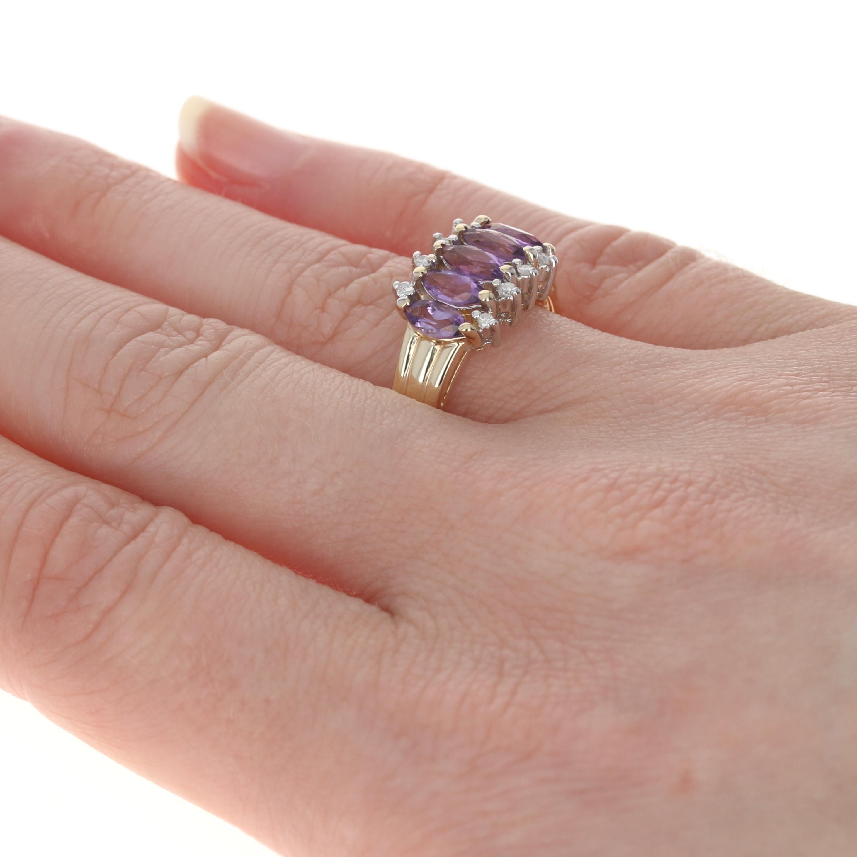 Uncut Yellow Gold Amethyst & Diamond Five-Stone Ring, 14k Marquise Cut 1.08ctw