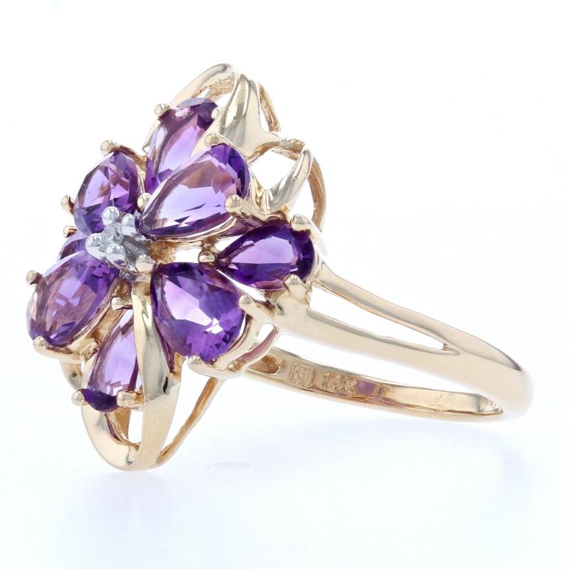 Uncut Yellow Gold Amethyst & Diamond Flower Cluster Ring, 14k Pear Cut 2.36ctw