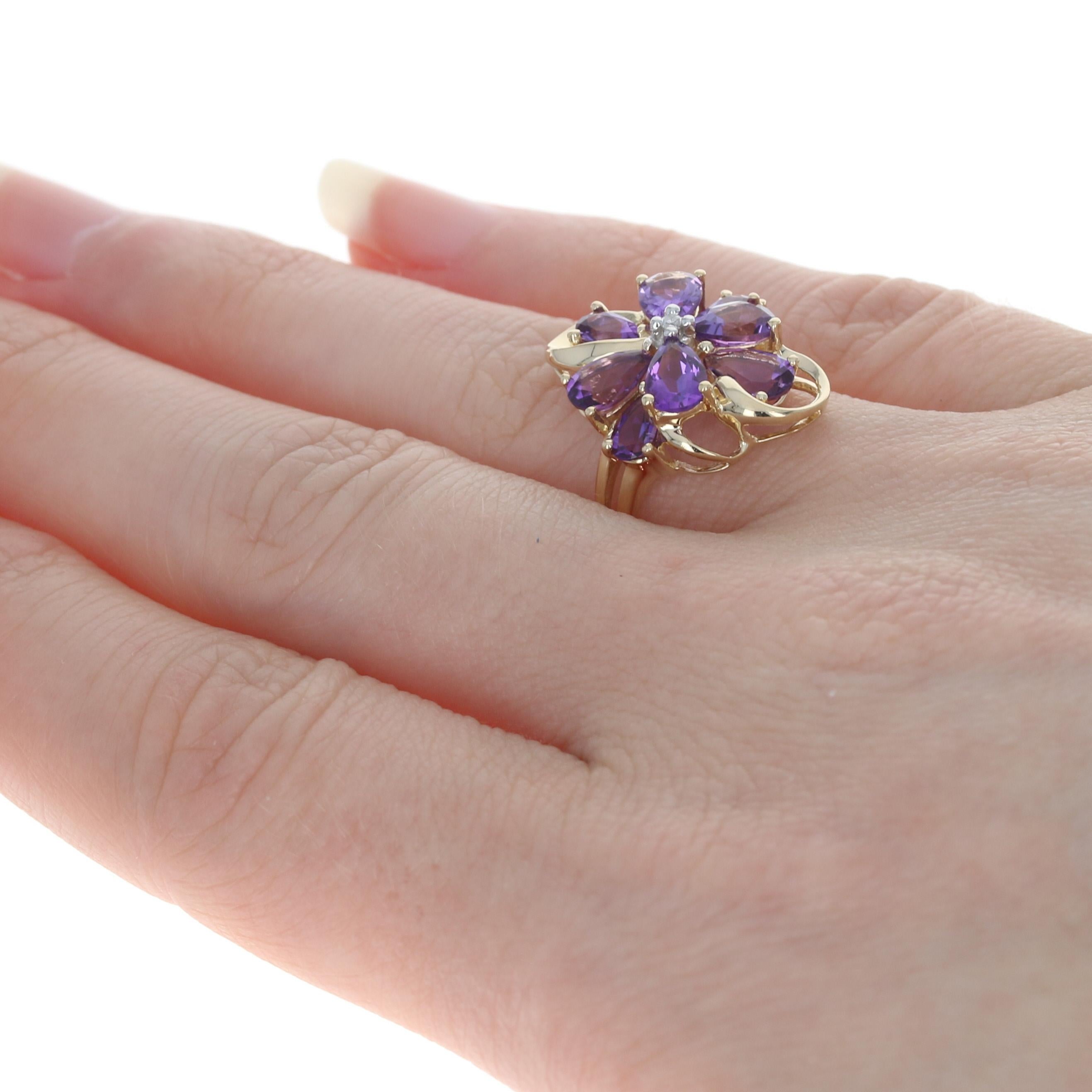 Yellow Gold Amethyst & Diamond Flower Cluster Ring, 14k Pear Cut 2.36ctw In Excellent Condition In Greensboro, NC