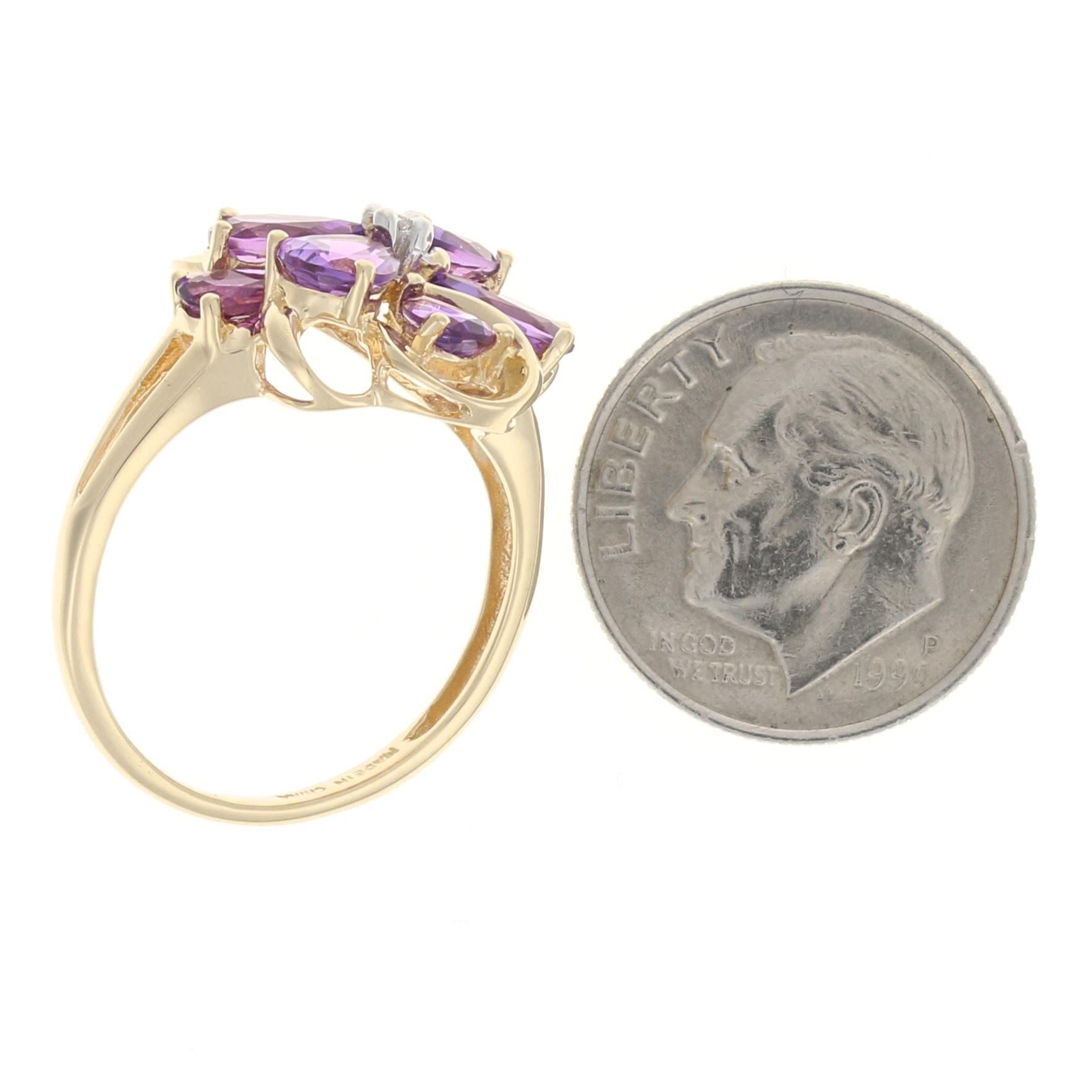 Women's or Men's Yellow Gold Amethyst & Diamond Flower Cluster Ring, 14k Pear Cut 2.36ctw