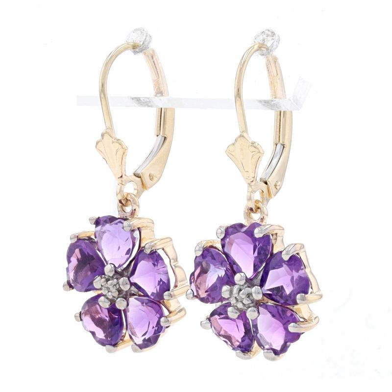 Heart Cut Yellow Gold Amethyst & Diamond Flower Dangle Earrings -14k Heart 4.00ctw Pierced For Sale