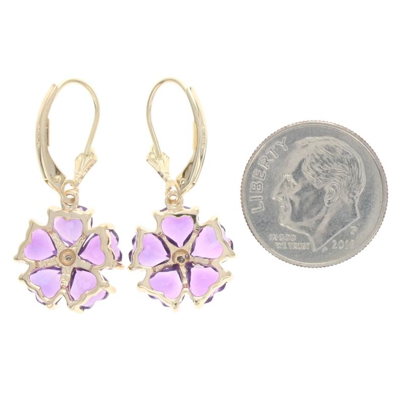 Yellow Gold Amethyst & Diamond Flower Dangle Earrings -14k Heart 4.00ctw Pierced In Excellent Condition For Sale In Greensboro, NC
