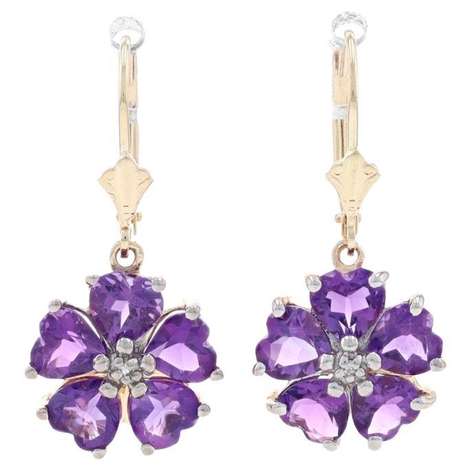 Yellow Gold Amethyst & Diamond Flower Dangle Earrings -14k Heart 4.00ctw Pierced