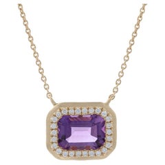 Yellow Gold Amethyst & Diamond Halo Necklace, 14k Emerald Cut 1.35ctw Adjustable