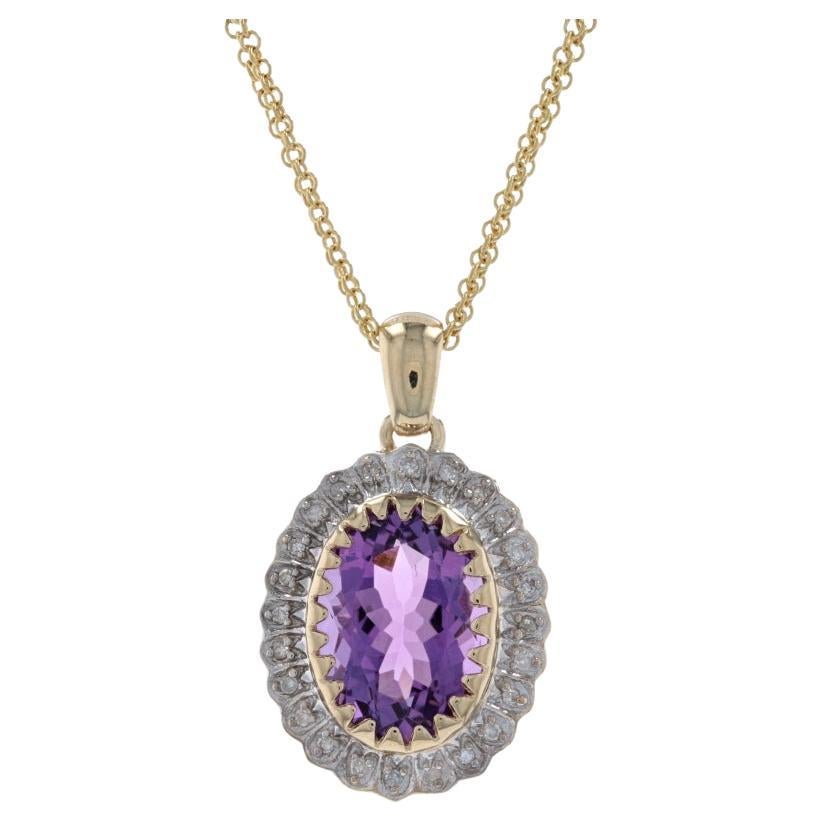 Yellow Gold Amethyst & Diamond Halo Necklace 16 1/4" - 14k Oval 6.75ctw For Sale