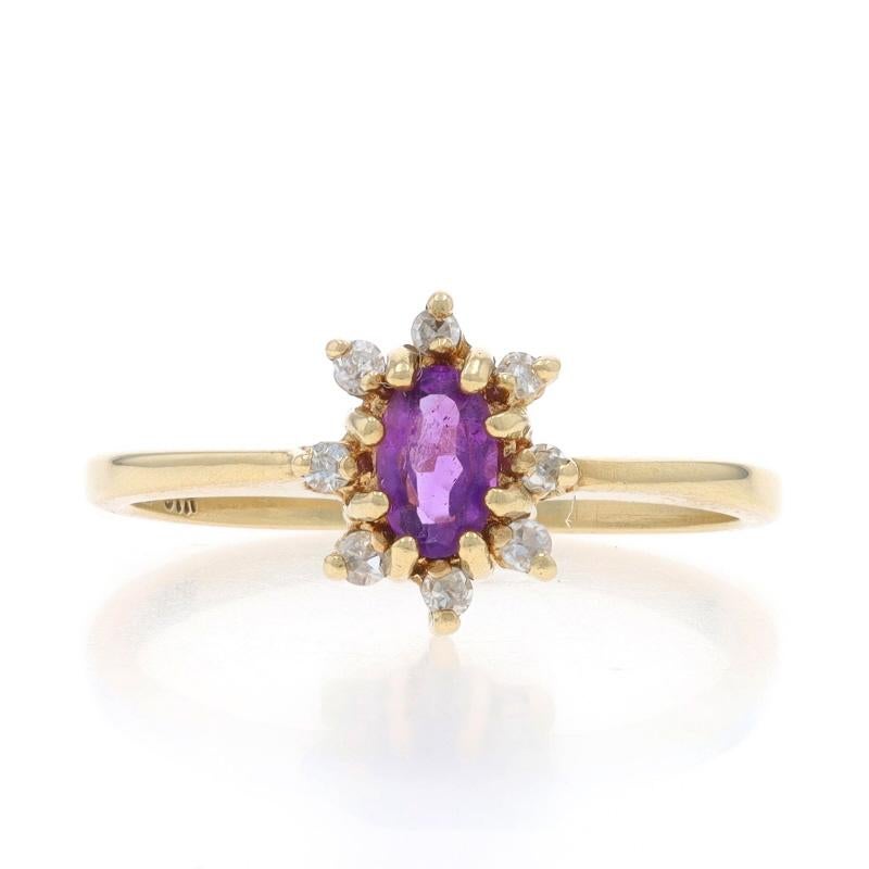 Taille : 5 1/2
Frais de taille : Up&Up 3 tailles pour $40 ou Down 2 tailles pour $40

Contenu du métal : Or jaune 10k

Informations sur les pierres

Améthyste naturelle
Carat(s) : .23ct
Coupe : Ovale

Diamants naturels
Carat(s) : .08ctw
Coupe :