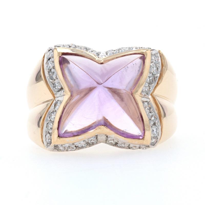 Size: 7 1/4  NS


Metal Content: 14k Yellow Gold & 14k White Gold

Stone Information
Genuine Amethyst
Carat: 3.30ct
Cut: Custom Cabochon
Color: Purple

Natural Diamonds
Carats: .32ctw
Cut: Round Brilliant
Color: H - I
Clarity: SI2 - I1

Total