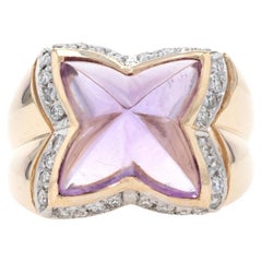 Yellow Gold Amethyst & Diamond Halo Ring - 14k Custom Cabochon 3.62ctw Floral