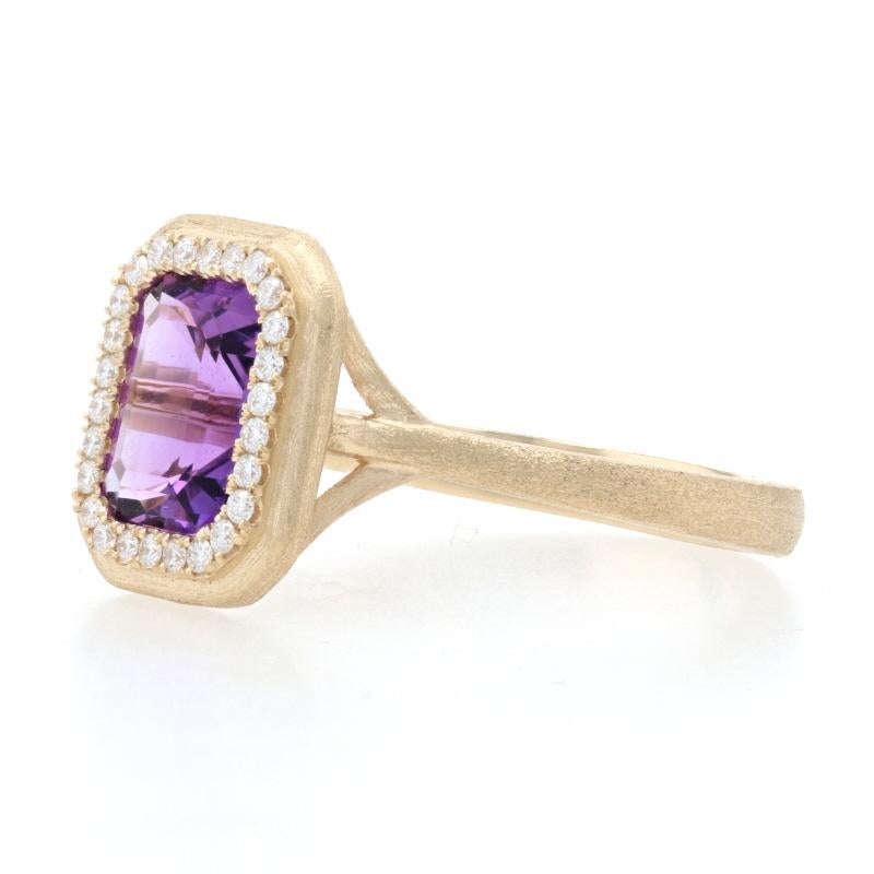 Yellow Gold Amethyst & Diamond Halo Ring, 14k Emerald Cut 1.53ctw Brushed 3