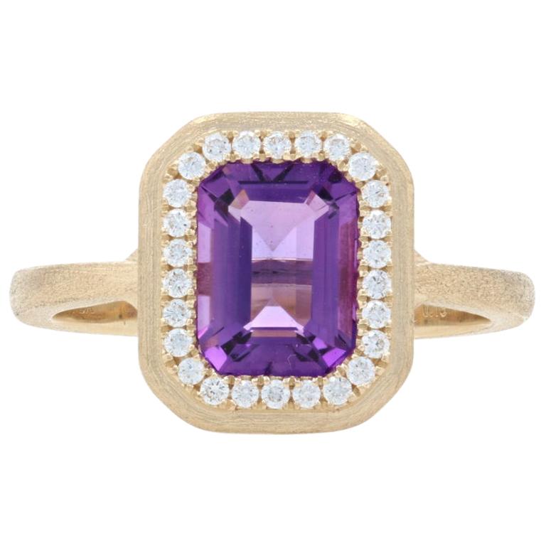 Customizable Yellow Gold Amethyst and Diamond Halo Ring, 14k Emerald