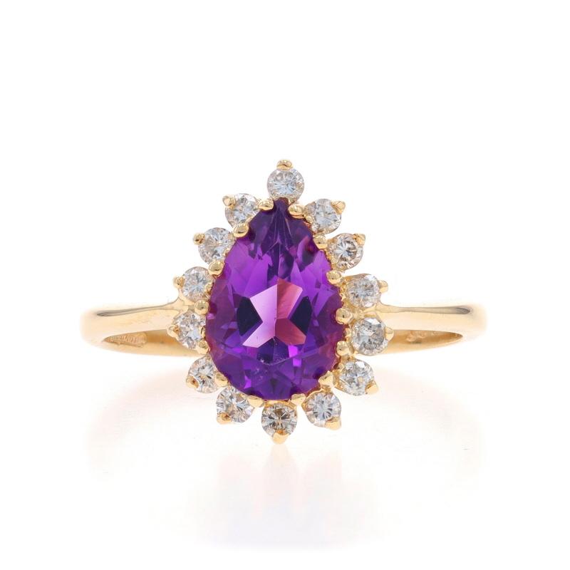 Size: 6 1/2
Sizing Fee: Up 3 sizes for $40 or Down 2 1/2 sizes for $30

Metal Content: 14k Yellow Gold

Stone Information

Natural Amethyst
Carat(s): 1.10ct
Cut: Pear
Color: Purple

Natural Diamonds
Carat(s): .28ctw
Cut: Round Brilliant
Color: I -