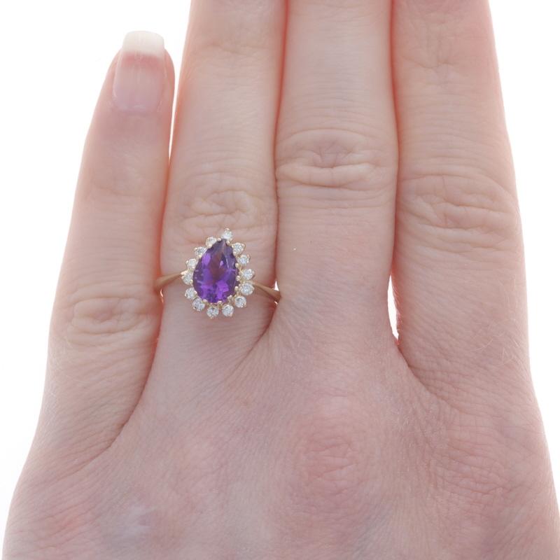 Pear Cut Yellow Gold Amethyst Diamond Halo Ring - 14k Pear 1.38ctw For Sale