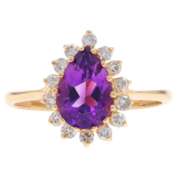 Yellow Gold Amethyst Diamond Halo Ring - 14k Pear 1.38ctw