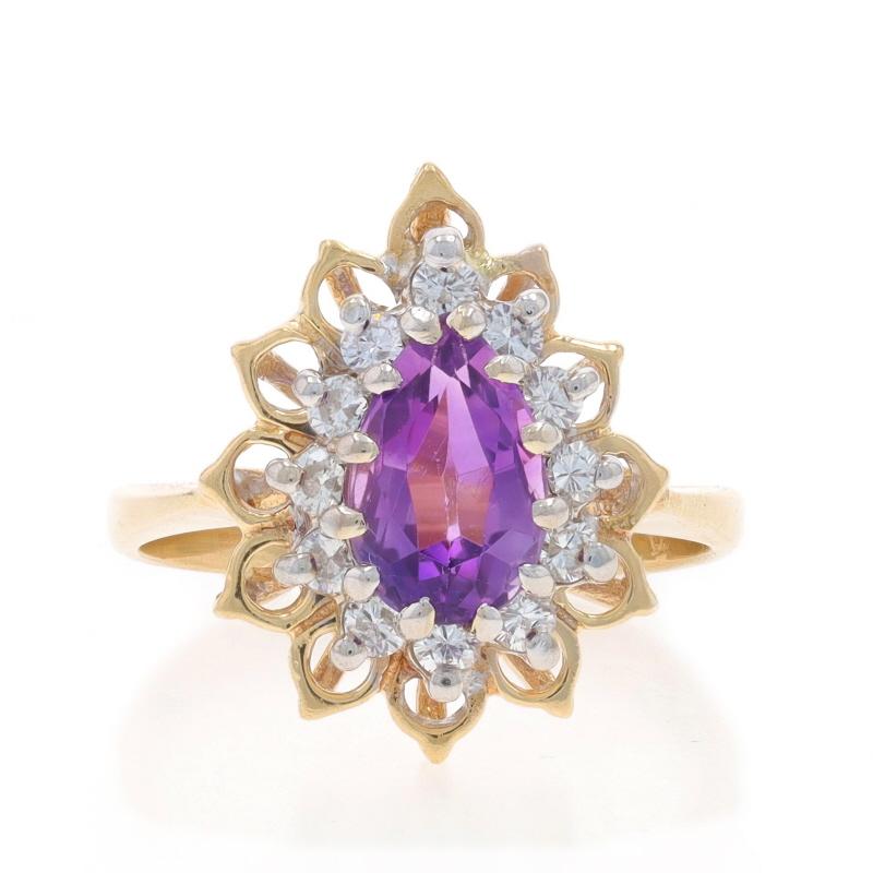 Size: 6 1/2
Sizing Fee: Up 2 sizes for $40 or Down 1 size for $40

Metal Content: 14k Yellow Gold & 14k White Gold

Stone Information

Natural Amethyst
Carat(s): 1.25ct
Cut: Pear

Natural Diamonds
Carat(s): .30ctw
Cut: Round Brilliant
Color: H -