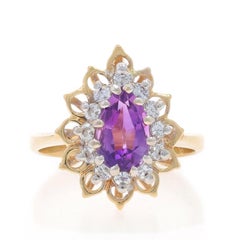 Yellow Gold Amethyst Diamond Halo Ring - 14k Pear 1.55ctw Floral Teardrop