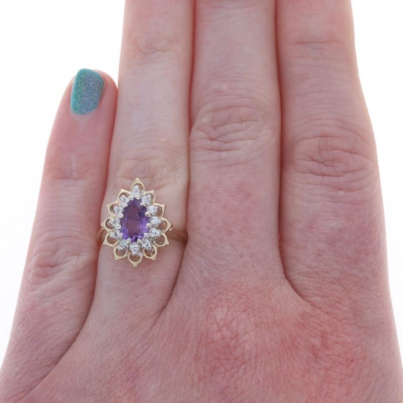Pear Cut Yellow Gold Amethyst Diamond Halo Ring - 14k Pear 1.55ctw Floral Teardrop For Sale