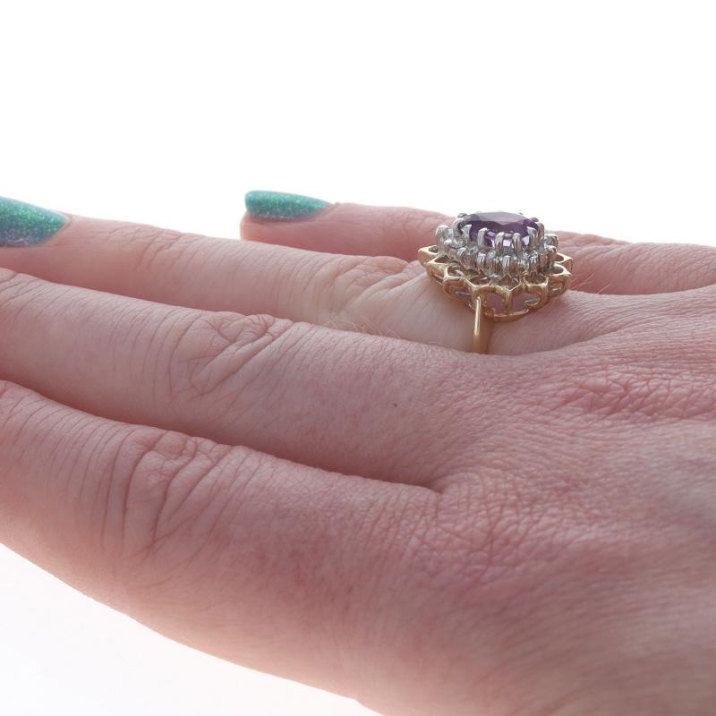 Women's Yellow Gold Amethyst Diamond Halo Ring - 14k Pear 1.55ctw Floral Teardrop For Sale