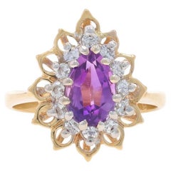Yellow Gold Amethyst Diamond Halo Ring - 14k Pear 1.55ctw Floral Teardrop