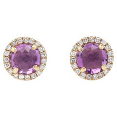Antique Yellow Gold Amethyst 
Diamond Halo Stud Earrings, 14k Rose Cut Round .71ctw