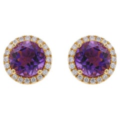 Clous d'oreilles en or jaune avec halo d'améthystes et de diamants - 14k ronds 2,71 ctw percés