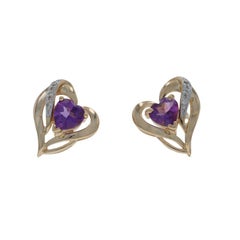 Yellow Gold Amethyst Diamond Heart Stud Earrings - 14k 1.06ctw Love Pierced