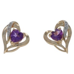 Yellow Gold Amethyst Diamond Heart Stud Earrings - 14k 1.06ctw Love Pierced